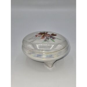 Vintage White‎ Porcelain Pearlescent Round Floral Trinket Dish